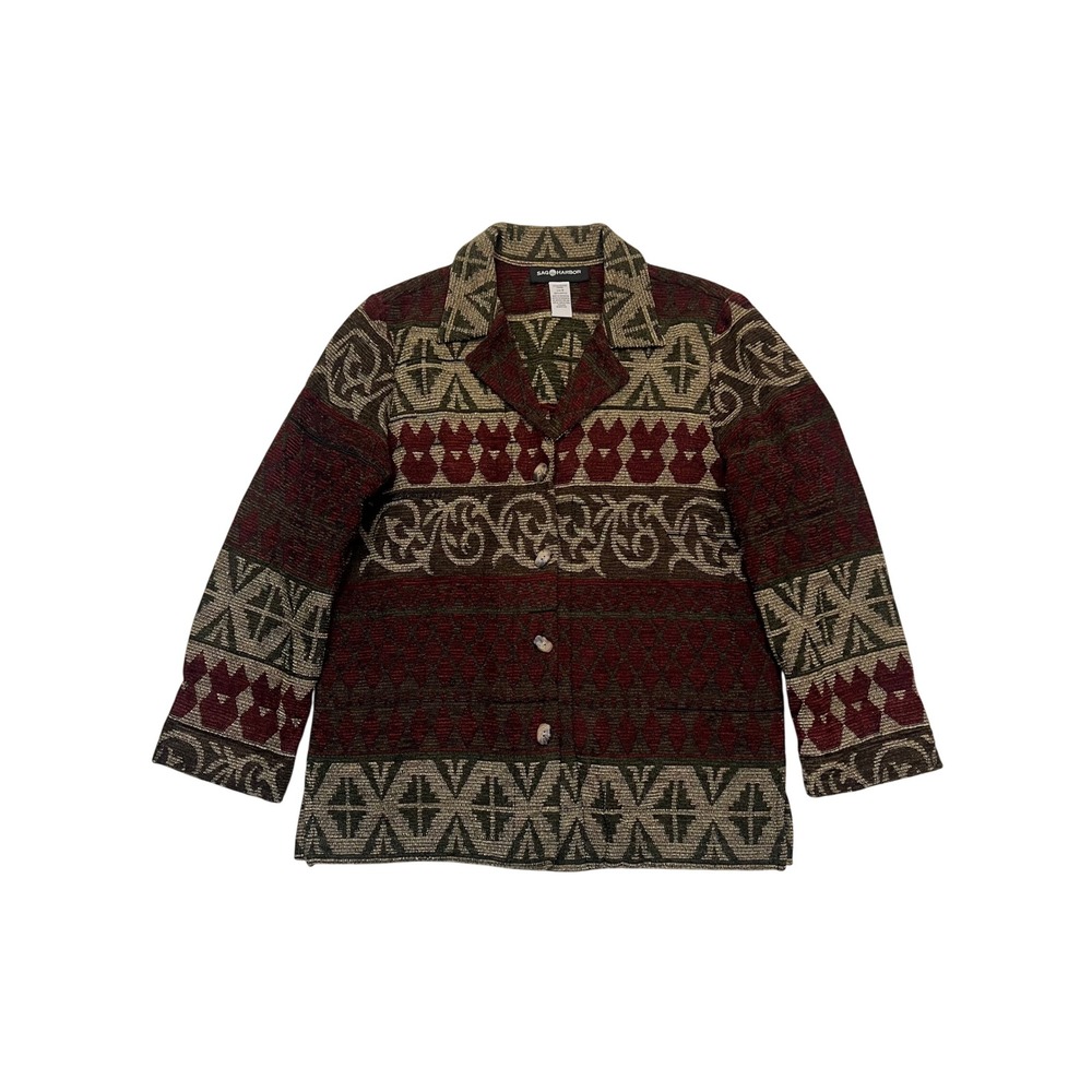 Sag Harbor Burgundy Olive Green Geometric Southwestern Boho Tapestry Jacket 10